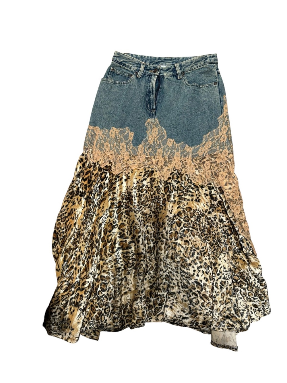 Y2K 1990 Jeanology Leopard Lace Maxi Boho Patchwork Western Coquette Festival